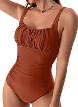 Neck One-piece Bikini Summer New Solid Color Pleated Design Swimsuit Beach Vacation Womens Clothing