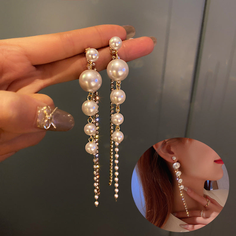 Temperament Pearl Tassel Long Earrings With 925 Silver