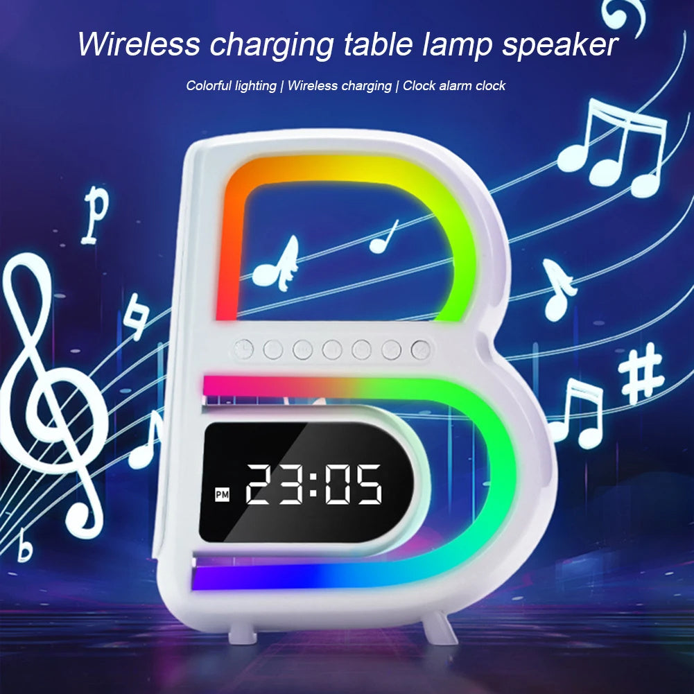 B-Shaped Bluetooth Speaker with Wireless Charger, Smart Music Rhythm Lighting, and Alarm Clock - Minihomy