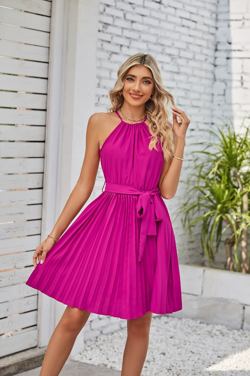 Halter Strapless Dresses For Women Solid Pleated Skirt Summer Beach Sundress - Minihomy