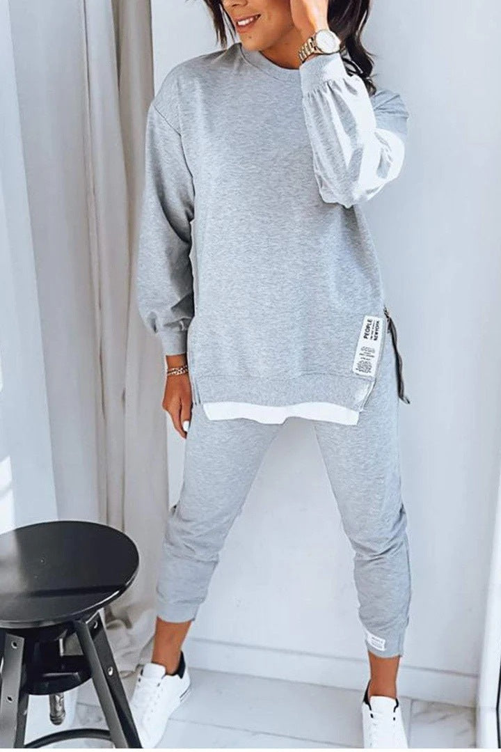 Women's Sports Suit Fashion Slit Design Sweatshirt Top And Slim-fit Trousers Sweatpants Casual Two Piece Set Outfit