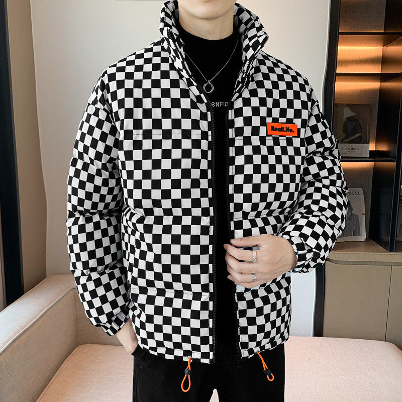 Down Cotton-padded Clothes Chessboard Stand Collar Men Thick Warm Jacket