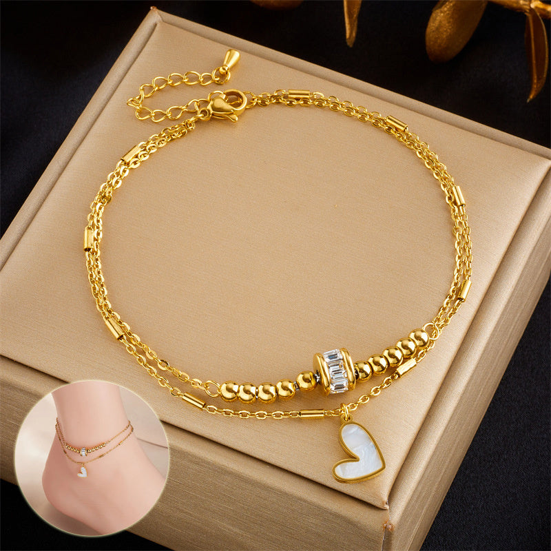 Boho Ankle Chain for Women - Double Layer Heart Charm Tassel Leg Chain Bracelet - Minihomy