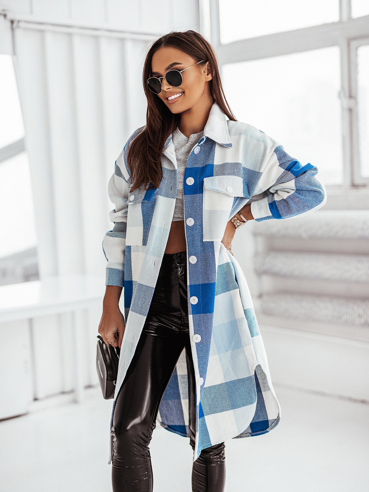 Women's Long Sleeve Color Plaid Brushed Woolen Long Coat