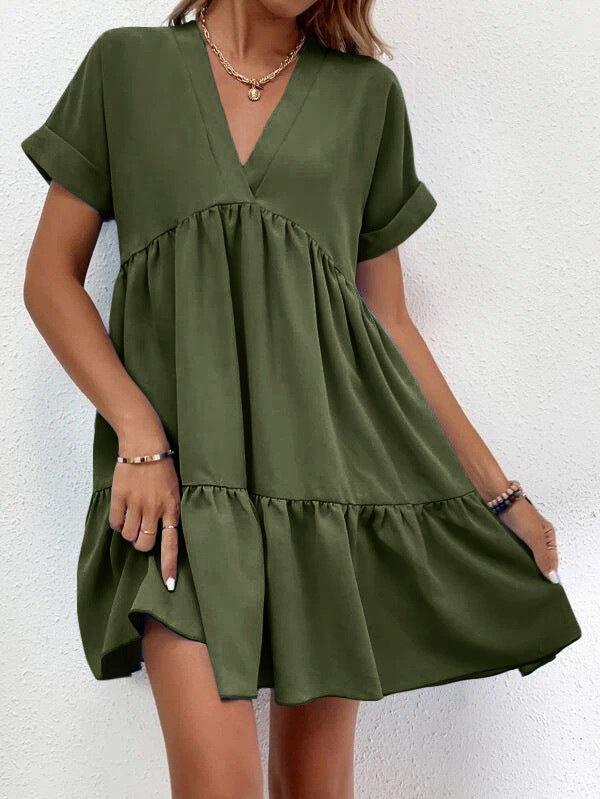 Short-sleeved V-neck Dress Summer Casual Sweet Ruffled Dresses Solid Color Holiday Beach Dress For Womens Clothing