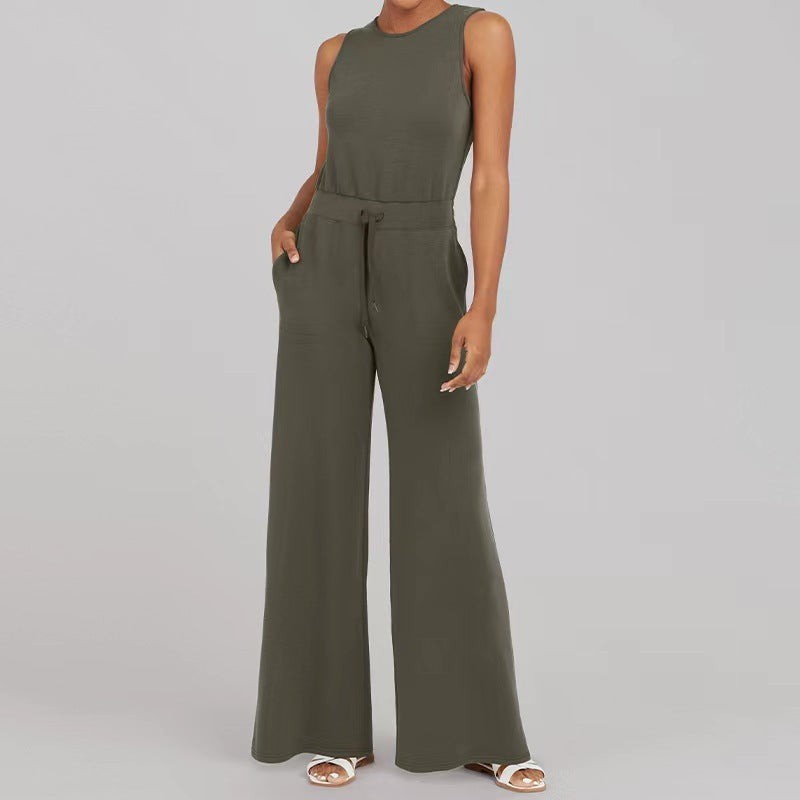 Solid Color Jumpsuit Sleeveless Tops Tie Elastic Pants Romper