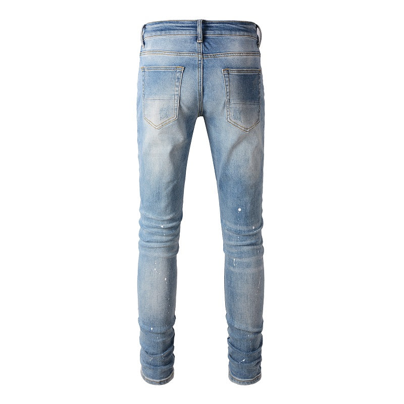 High Street Worn Out Wash Paint Splashing Perforated Jeans - Minihomy