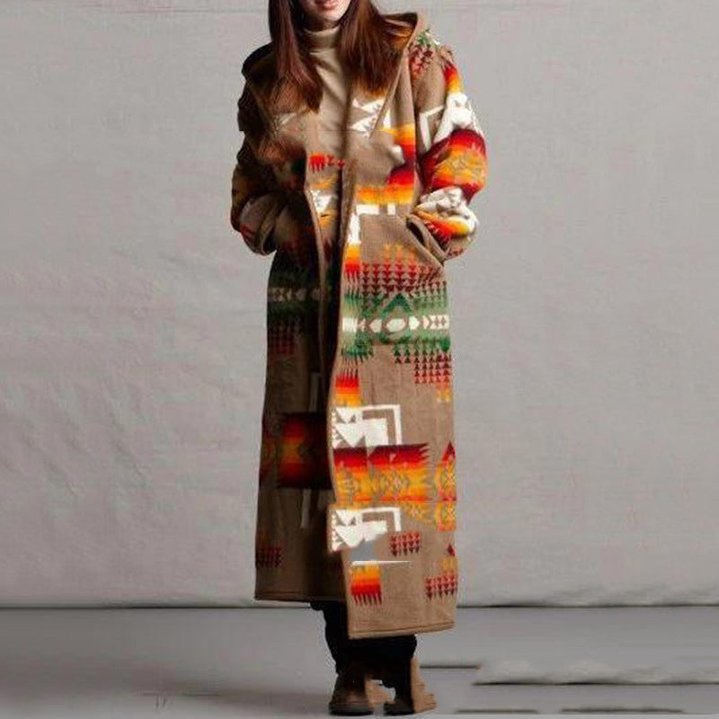 Women's Long Trench Coat Printed Hooded Jacket