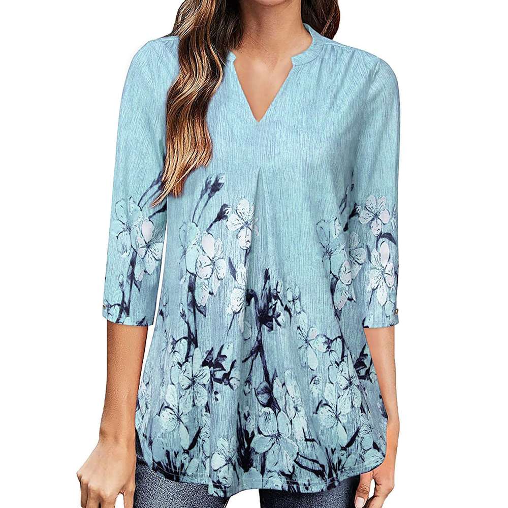 Flowers Print Tops V Neck Long Sleeve Flowers Print Shirt Women Blouse - Minihomy