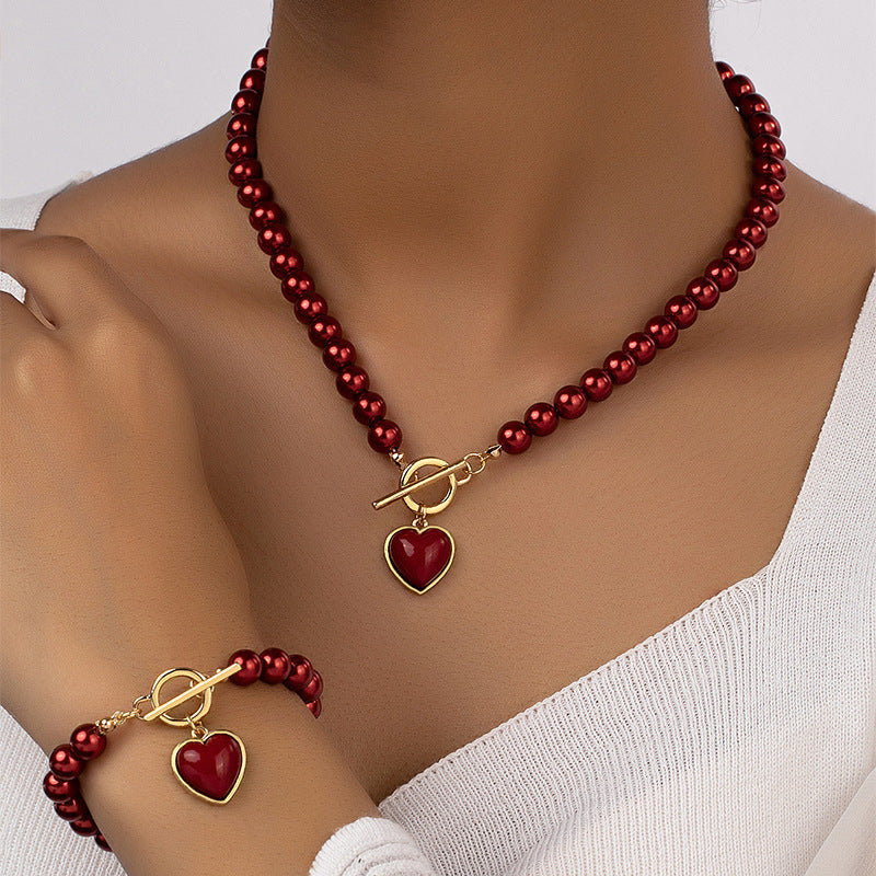 Pearl Bracelet And Necklace Set Female With Hearts Clavicle Chain