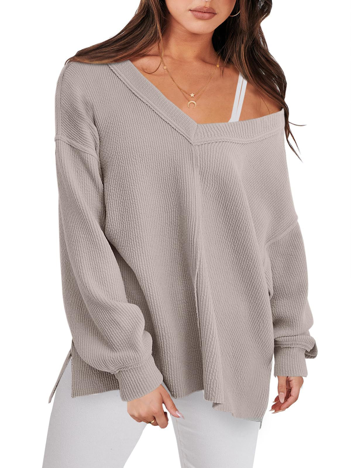 Lightweight V-neck Sweaters Women Winter Casual Long Sleeve Pullover Top