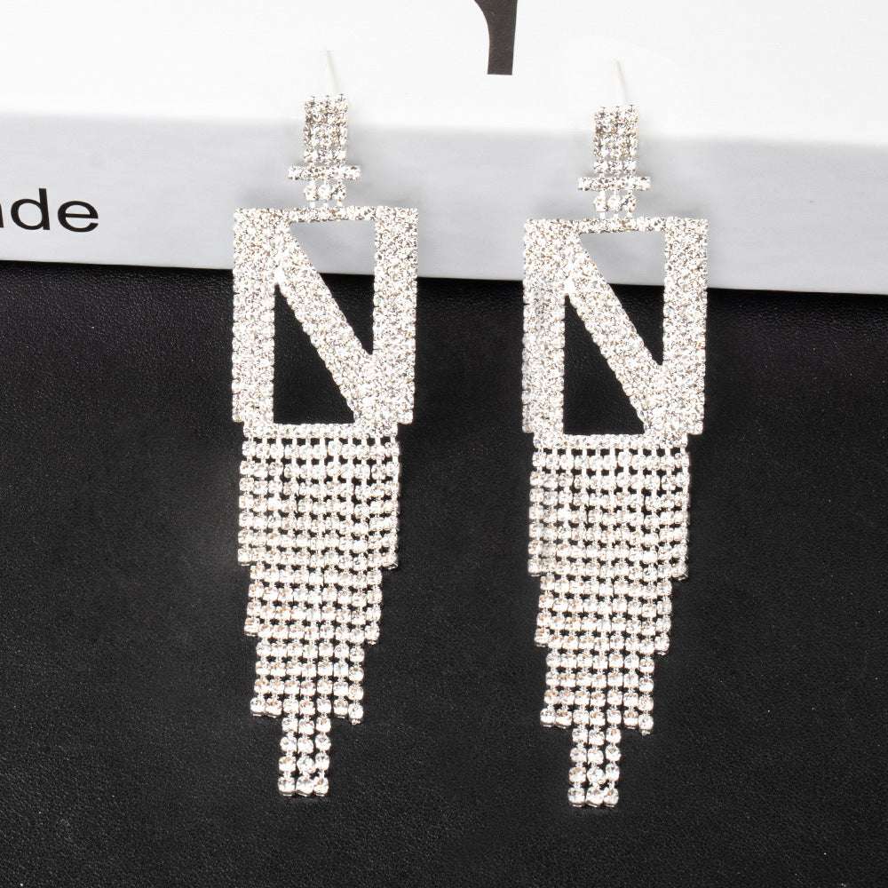 925 Silver Needle Ornaments Rhinestone Letter B Earrings Banquet Tassel Ear - Minihomy