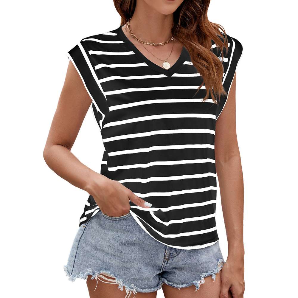 Fashion Stripe Print V-neck Short-sleeved T-Shirt Summer Loose Tank Top Womens Clothing - Minihomy