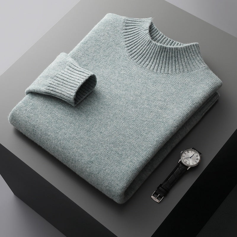 Mock Neck Sweater Men's Knitted Shirt - Pure Wool