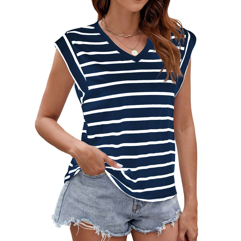 Fashion Stripe Print V-neck Short-sleeved T-Shirt Summer Loose Tank Top Womens Clothing - Minihomy