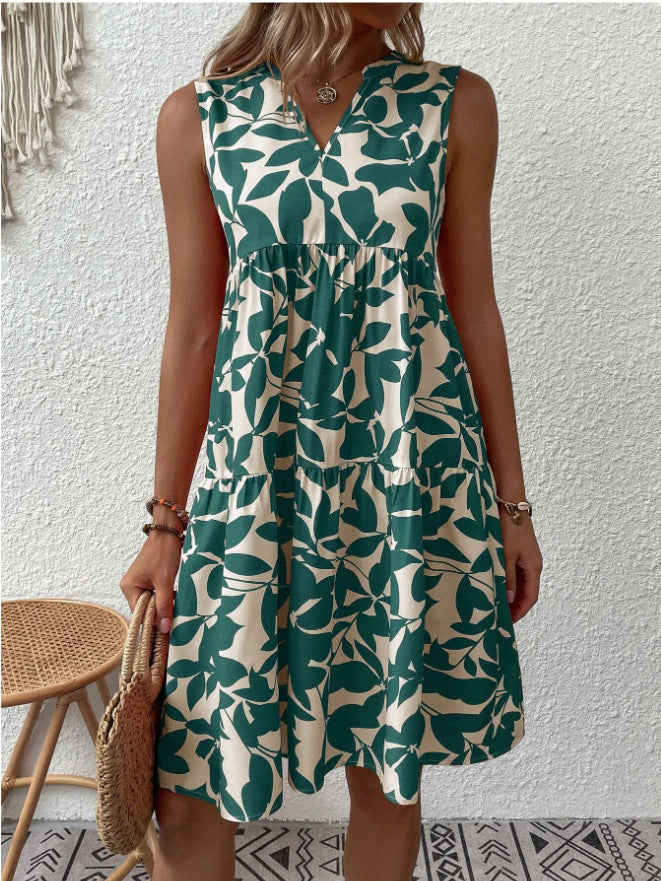 Summer Beach Fashion Loose V-neck Pleated Print Sleeveless Dress For Women