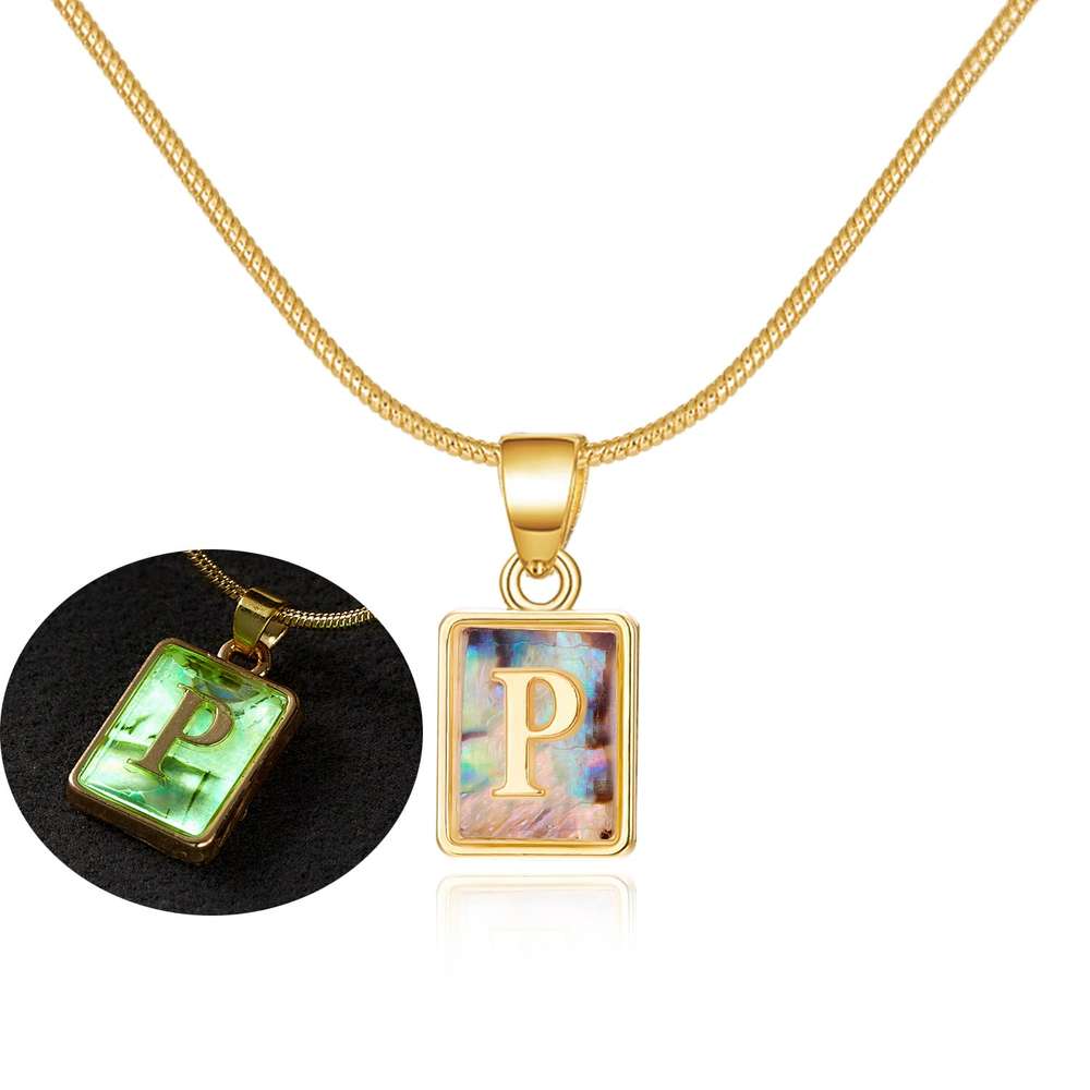 26 Letter Square Necklace Colorful Shell Luminous Pendant Chain Necklace For Women - Minihomy