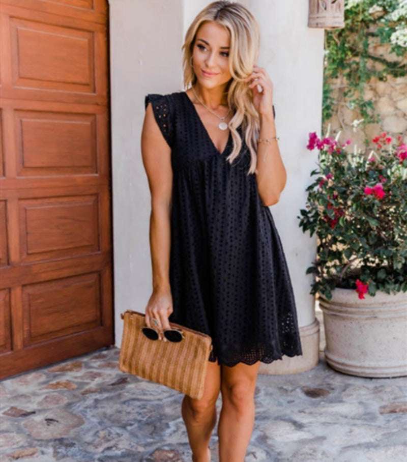 Lace Dresses With Pocket Summer Sleeveless Jacquard Cutout V-Neck Beach Dress - Minihomy