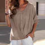 Women's Cotton Linen V-Neck Pullover Short Sleeve Casual Top