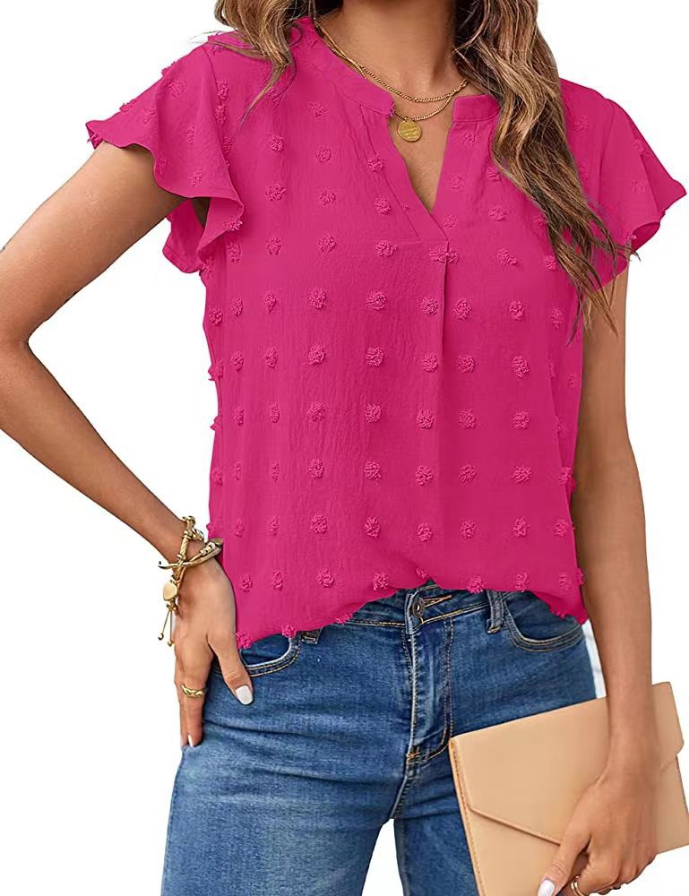 Women's Summer V Neck Ruffle Short Sleeve Blouse - Dot Flowy Shirt Top