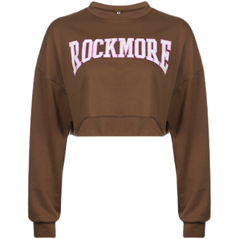 Harajuku Letter Printed Brown Cropped Sweatshirt Women Tops