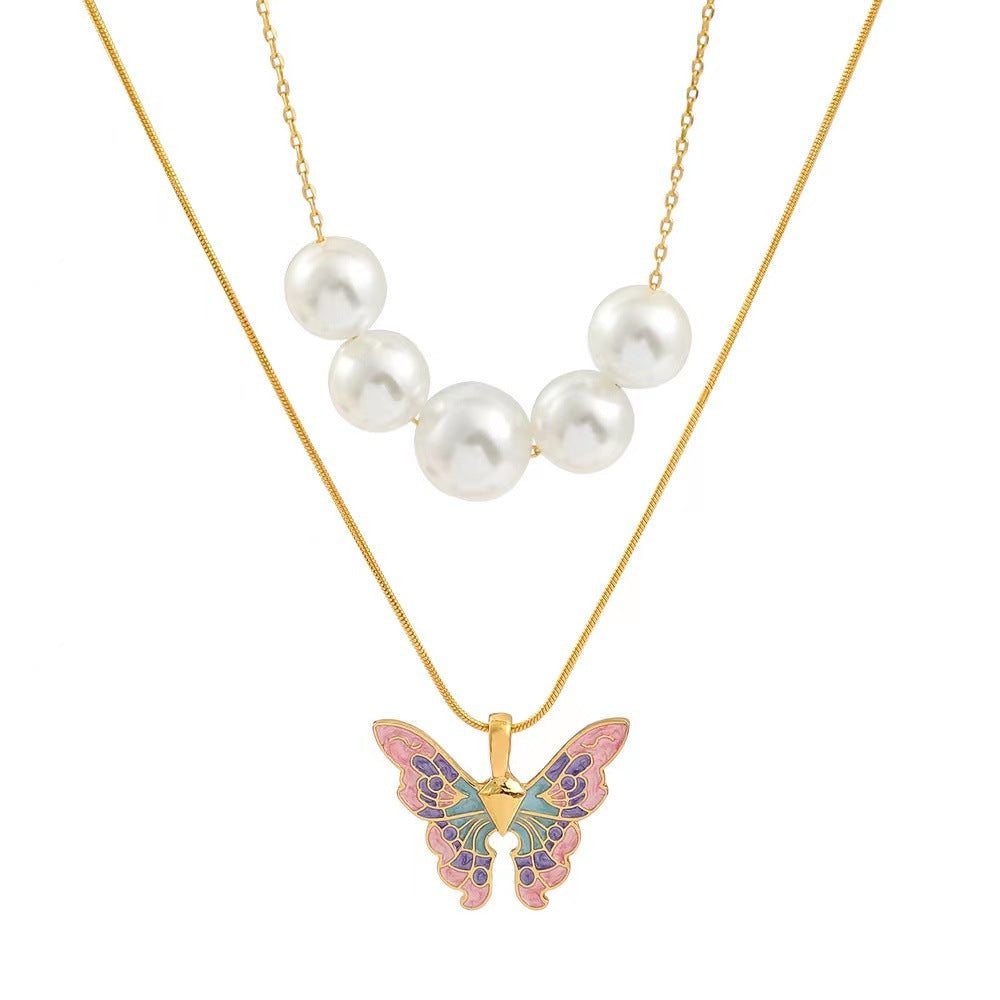 Butterfly Necklace Pearl Double Strand: Elegant European-American Style - Minihomy