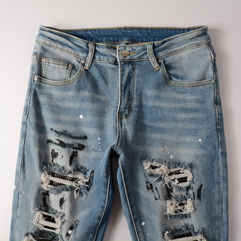 High Street Worn Out Wash Paint Splashing Perforated Jeans - Minihomy