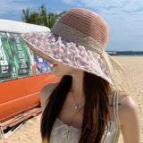 Lace Bow Straw Sun Hat - Wide Brim UV Protection Fisherman Hat for Summer