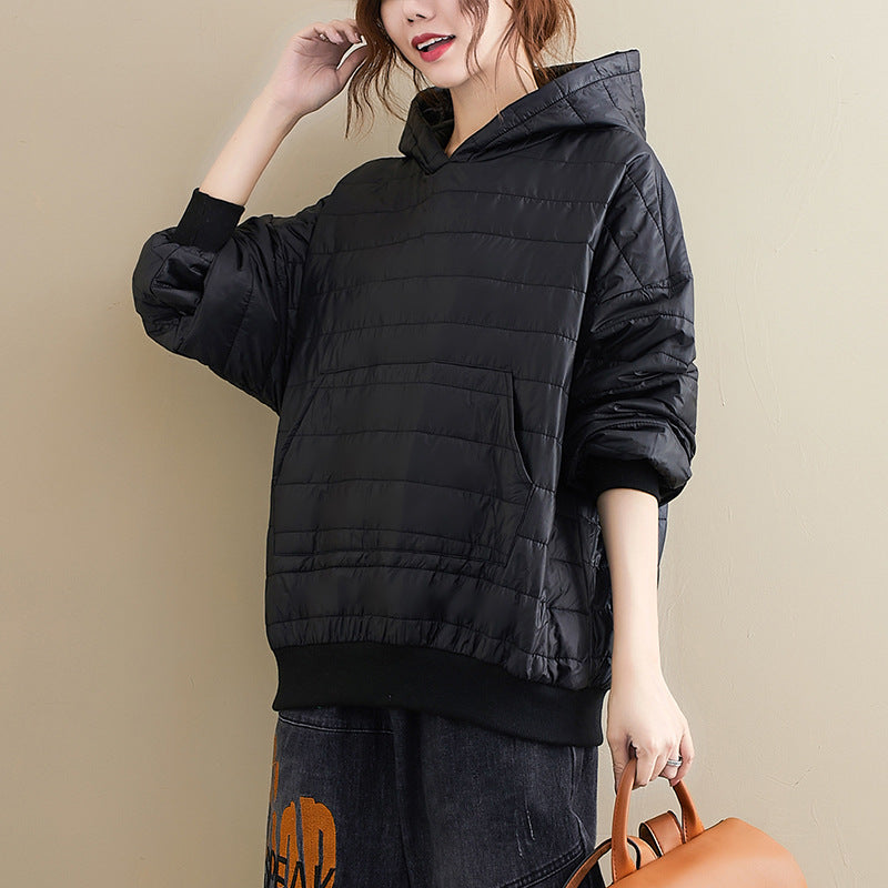 Winter  All-match Preppy Style Solid Color Hooded Loose Long-sleeved Cotton Jacket