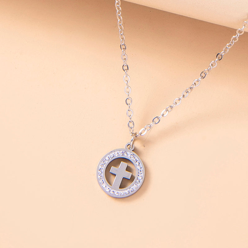 Gold Hollow Round Cross Necklace Silver Stainless Steel Crystal Circle Pendant Necklaces - Minihomy