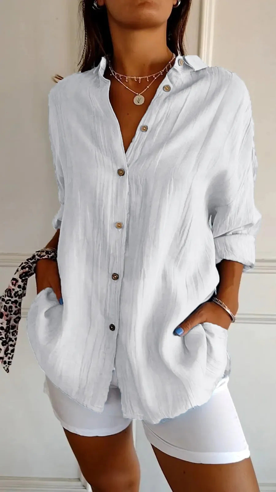 Women's Long Sleeve Lapel Pleated Shirt - Single-Breasted Casual Blouse