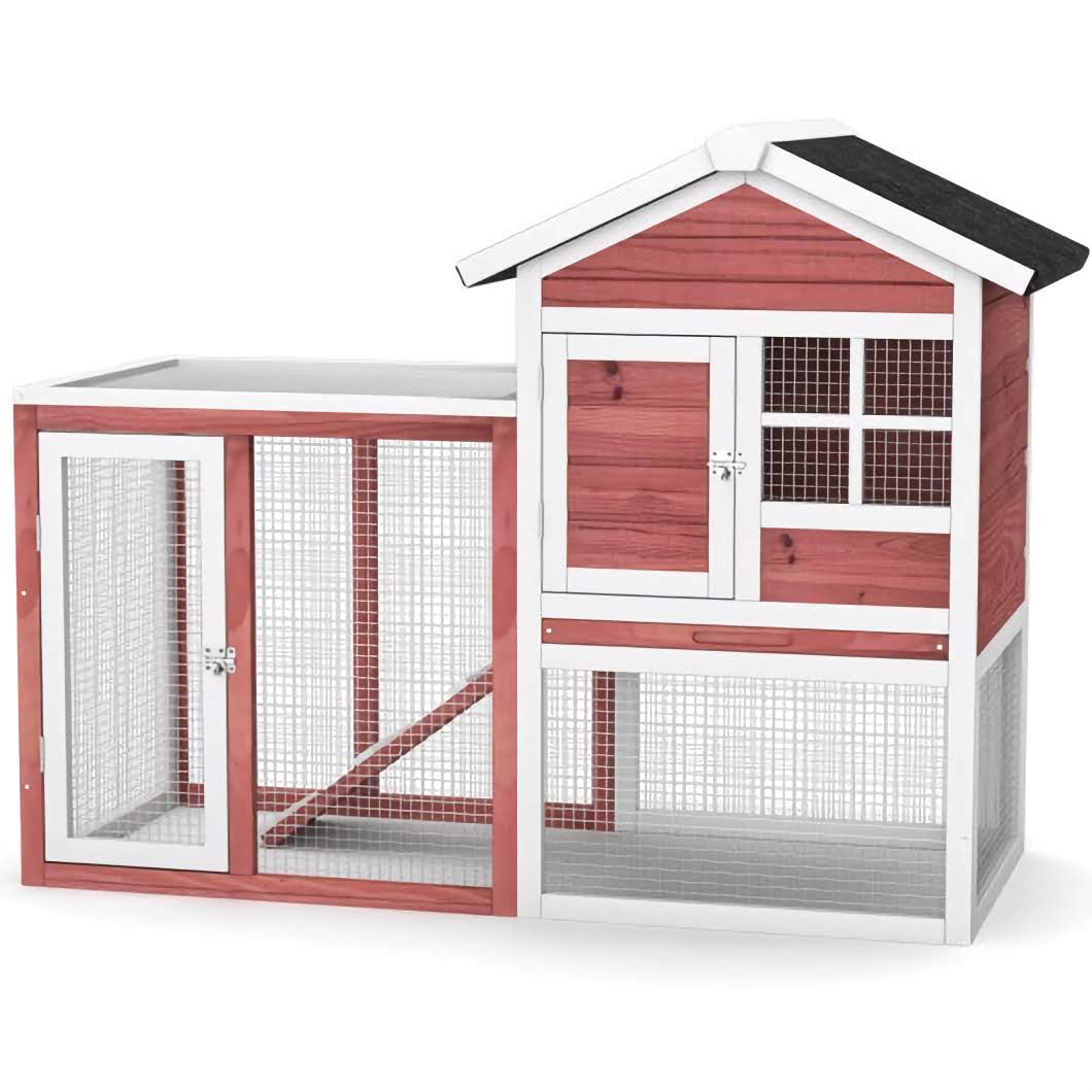 2-Story Wooden Rabbit Hutch with Running Area-White - Color: White - Minihomy