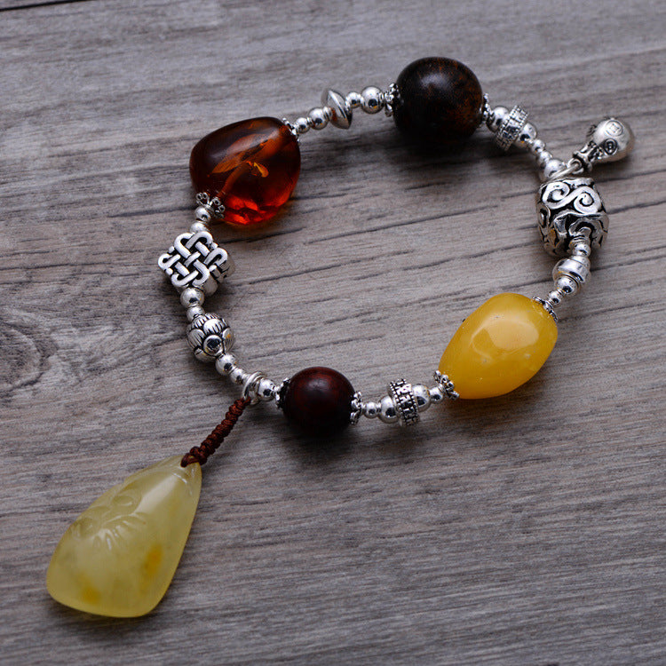 925 Sterling Silver Jewelry Vintage Amber Beeswax Ladies Handmade Bracelet - Minihomy