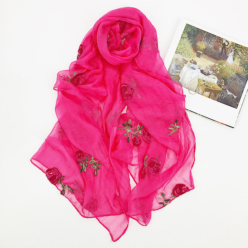 Embroidered Flower Rose Chiffon Ethnic Wind Sunscreen Shawl Beach Gauze Silk Scarf