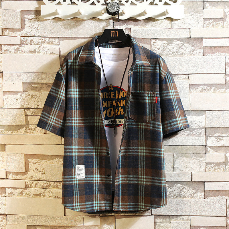 Men's Oversized Casual Short-sleeved Plaid Shirt - Minihomy