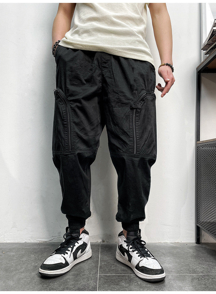 Men's Elastic Waist Zipper Big Pockets Drawstring Sports Cargo Pants