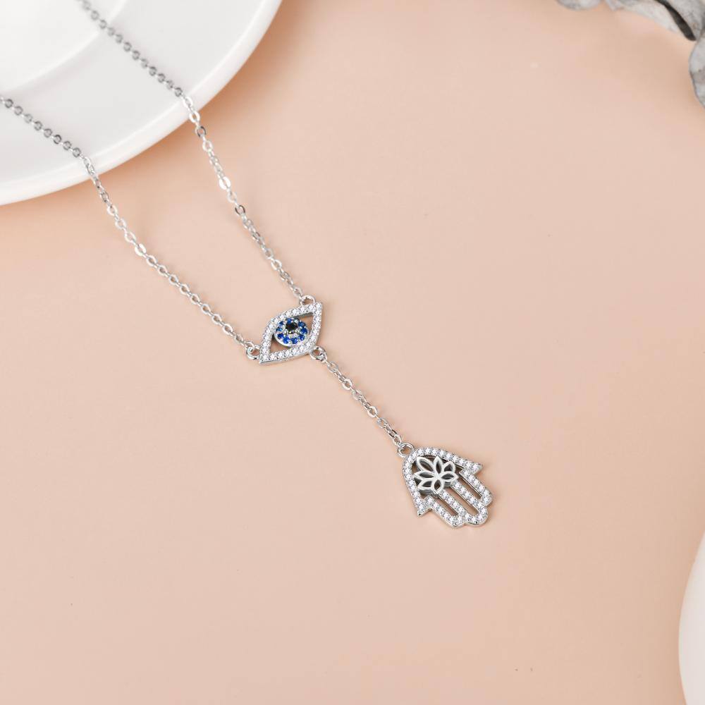 925 Sterling Silver Hamsa Hand Evil Eye Pendant Cubic Zirconia Protection Amulet Necklace - Minihomy