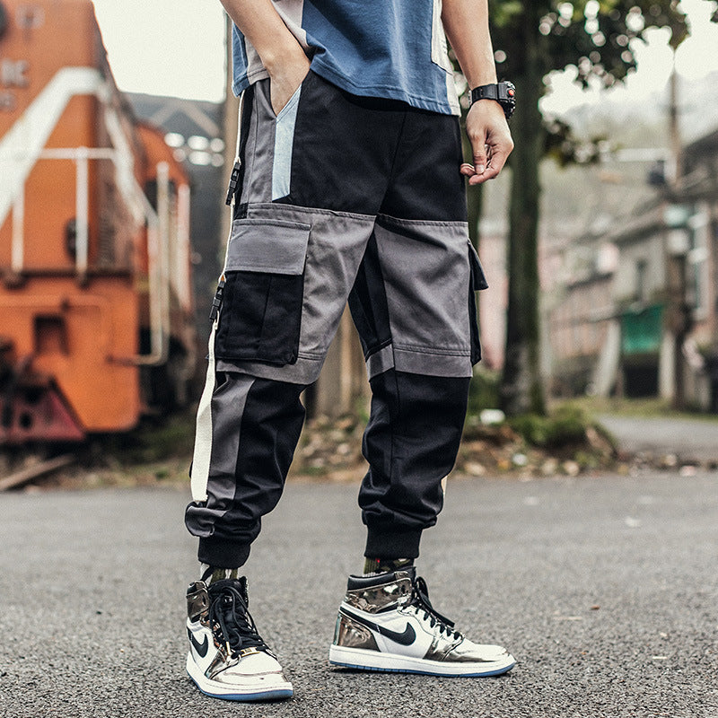 Pocket Contrast Overalls Jogger Casual Cargo Pants - Minihomy