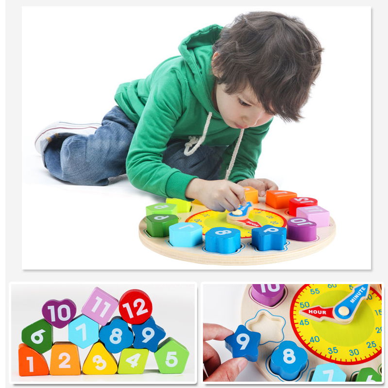 Teaching Time Number Blocks Puzzle Wooden Shape Color Sorting Clock