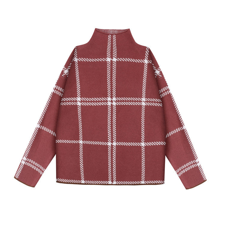 Core-spun high neck plaid sweater sweater top women