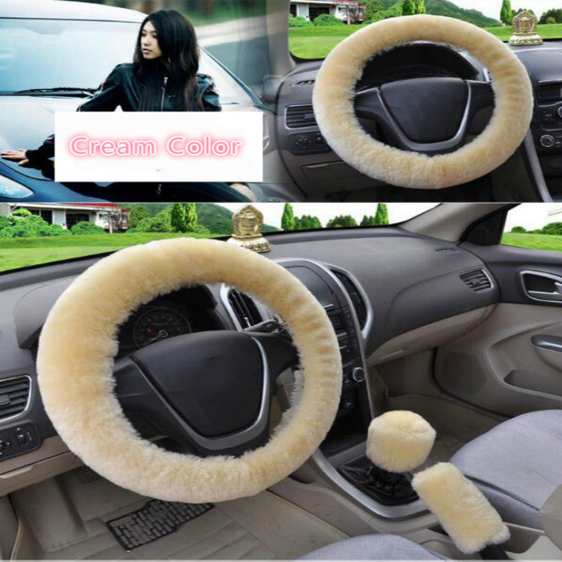 Pure Wool Car Steering Wheel Cover Leather Sheepskin Handle Hand Brake Set Gear Set Three-piece