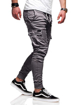 Casual Men Solid Color Multi Pocket Drawstring Ankle Tie Cargo Pants