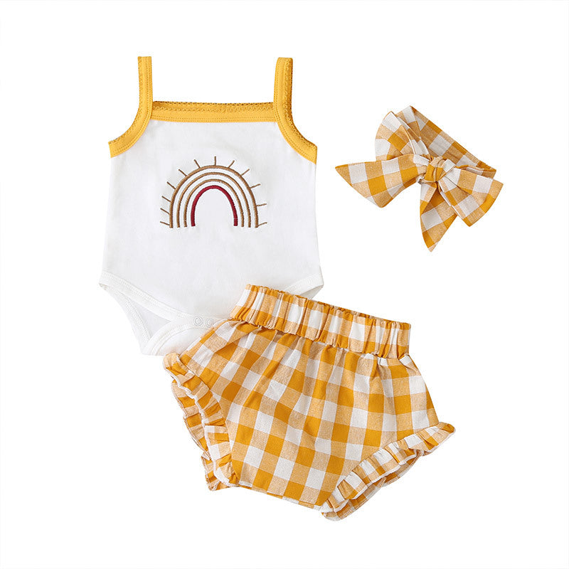 Three-Piece Baby Girl Sling Romper Plaid Shorts