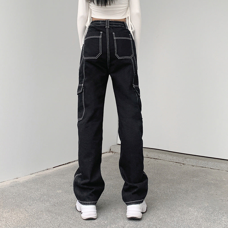 Retro Topstitched Big Pocket Black Straight High-rise Jeans