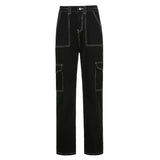 Retro Topstitched Big Pocket Black Straight High-rise Jeans