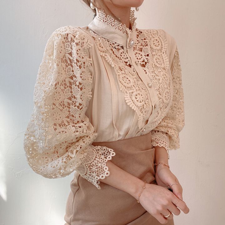 Lace Hollow Flower Stitching Long-Sleeved Stand Collar Shirt