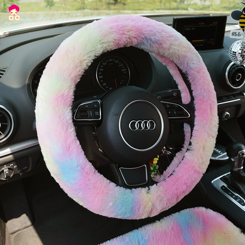 Pure Wool Car Steering Wheel Cover Leather Sheepskin Handle Hand Brake Set Gear Set Three-piece