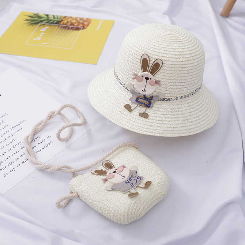 Cute Rabbit Decoration Bag with Two-Piece Straw Hat for Kids