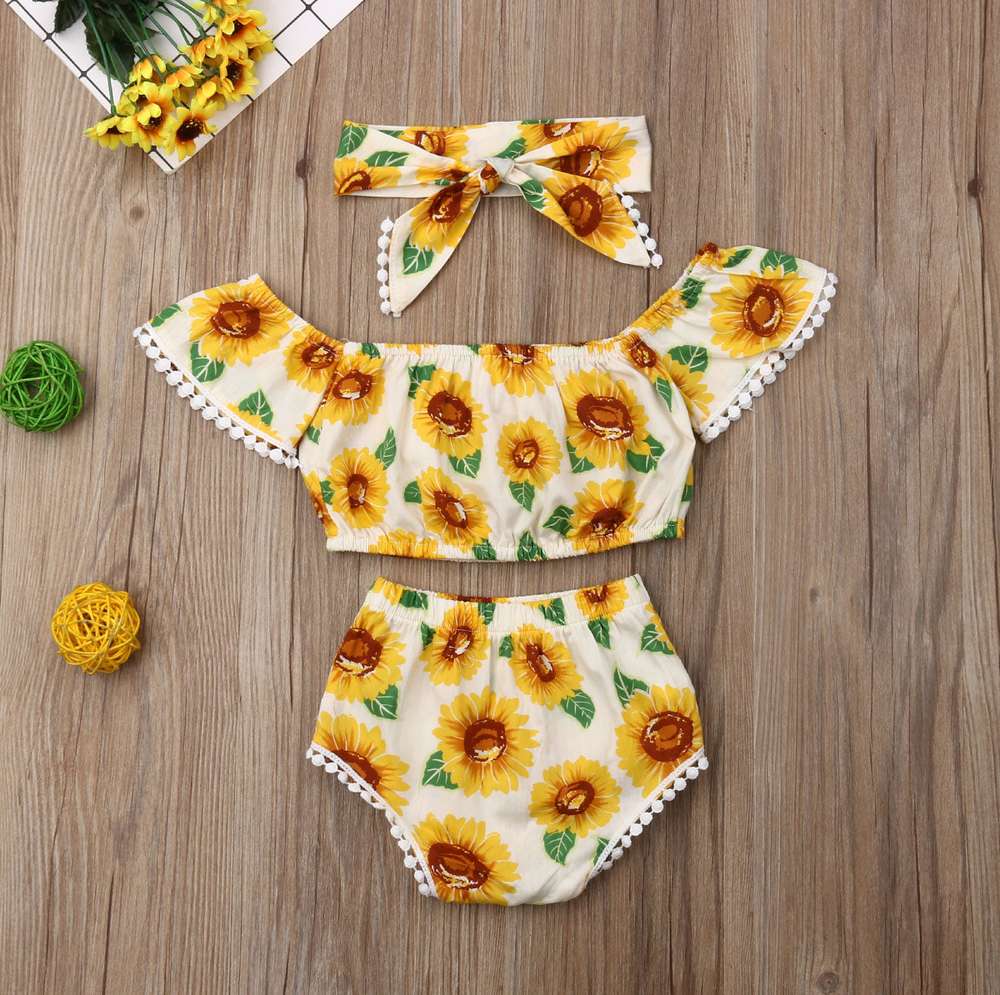 Girl Sunflower Print One-Shoulder Top Triangle Shorts Suit - Minihomy