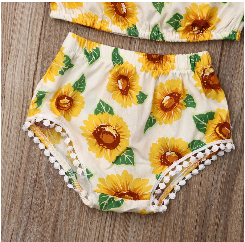 Girl Sunflower Print One-Shoulder Top Triangle Shorts Suit